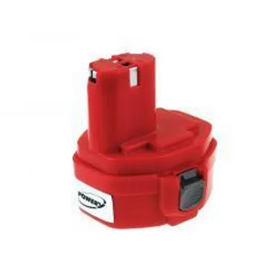 A red power tool battery pack against a white background.