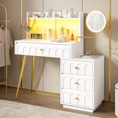 Produktbild von Flieks Schminktisch mit Schubladen und Ablage, Frisiertisch mit Schminkspiegel, Spiegel mit Led, Frisierkommode 112x40x116cm, Weiß