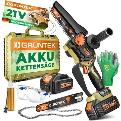 Produktbild von GRÜNTEK Akku Kettensäge 21V, Mini Motorsäge mit 2 Akkus, Elektrische Akku Astsäge, Gartensäge 1050W Brushless, Profi Handkettensäge, 6 und 8 Zoll Schwert, Kompakt mit viel Zubehör im Koffer