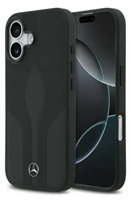 A black iPhone case with the Mercedes-Benz logo is shown next to an iPhone.