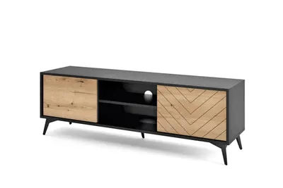 Produktbild von BETTSO Diamond RTV Schrank mit Fischgrätdekor PUSH TO OPEN 2 Türen 2 Regale 5 Metallbeinen Schwarz 154x50x39 cm