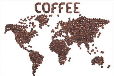Produktbild von Wallario Premium Vliestapete Fototapete Weltkarte mit Schriftzug aus Kaffeebohnen in der Größe 400 x 267 cm, extra dick, wird in 5 Teilen geliefert
