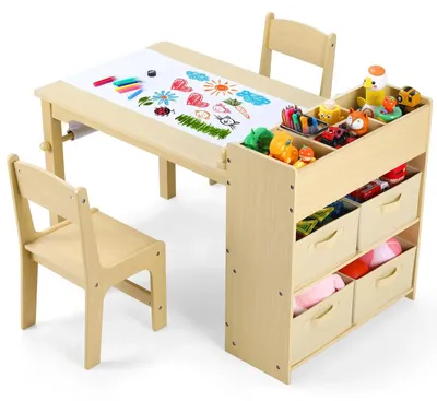 Produktbild von Kinder Maltisch und Stuhl Set - Holz Aktivitäts- und Basteltisch - Spieltisch mit Ablagefächern - Rechteckig - Beige