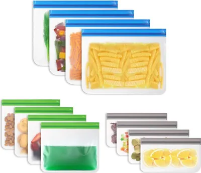 Produktbild von Lebensmittelbeutel, 12er-Pack Sandwichbeutel, wiederverwendbar ohne BPA, Lebensmittelqualität aus PEVA, Küchenbeutel mit drei Größen, Gefrierbeutel für Obst, Gemüse, Fleisch, Snacks, Milch und Brot