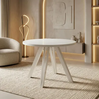 Produktbild von Runder Esstisch Ausziehbar 100–140 cm mit Weißen Holzbeinen aus Buchenholz – Moderner Ausziehtisch für Esszimmer, Küche und Wohnzimmer – Tisch für 4–8 Personen – Weiß