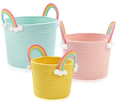 Image de 3 petits paniers de rangement, paniers tressés, paniers cadeaux vides, panier à jouets, panier en corde avec poignées