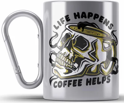 Produktbild von Trendation - Edelstahl Tasse Karabiner Totenkopf Kaffeeliebhaber Geschenk Spruch (Silber)