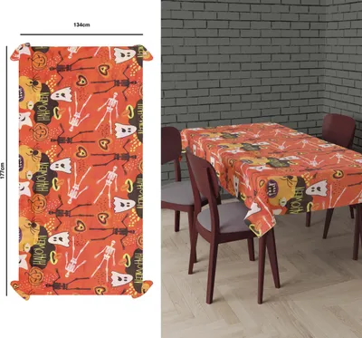 Obrázek produktu pro Halloween Stolní dekorace Kostlivec Vzor Strašidelný design Party dekorace Jídelna Stolní kryt tištěný na obou stranách Slavnostní příležitosti Přístup Kreativní Unikátní, Barva: Oranžová