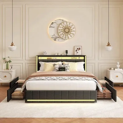 Image de Lit double avec rangement et quatre tiroirs - 140x200 cm - Revêtement en lin - Sommier à lattes