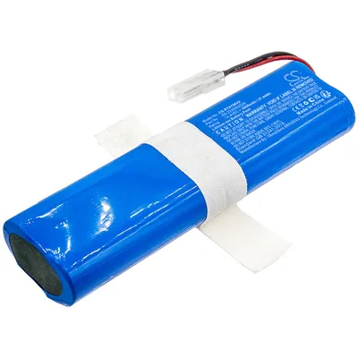 A blue battery pack with a white connector and wires attached, taped to a white surface.