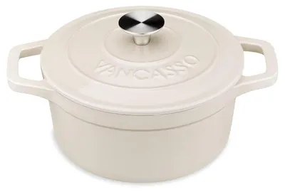 Immagine prodotto di Pentola da forno in ghisa con coperchio, capacità 2 litri, diametro 20 cm, forma rotonda, colore crema, adatta a tutti i tipi di fornello, inclusa l'induzione