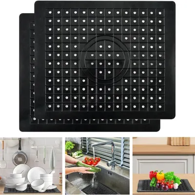 Image de Tapis d'évier, tapis d'évier en caoutchouc, tapis égouttoir, pour la cuisine et la salle de bain, noir, 31 x 26 cm, lot de 2