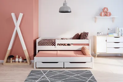 Produktbild von Ausziehbett Felix 180x80 Kinderbett mit Rausfallschutz & Lattenrost weiß 80 x 180 für Mädchen und Jungen Massivholz Kiefer, mit Schubladen