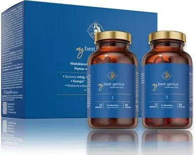 Two bottles of dietary supplements are shown in front of a blue box.