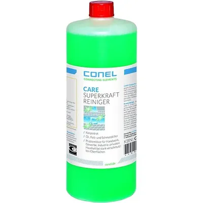 A bottle of green cleaning liquid with a red cap, on a white background.