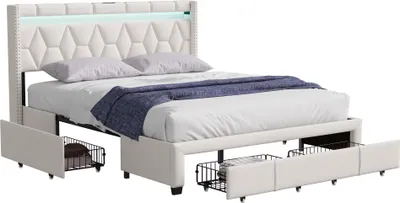 Obrázok produktu pre Postel Moonbite s úložným priestorom, 160x200 cm, lino, béžová, s 4 kovovými zásuvkami, LED osvetlením, USB portmi, čalúneným čelom s diamantovým vzorom, nosnosť 300 kg