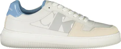 A single white sneaker with light blue and beige accents, shown from the side against a white background.