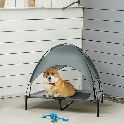 Produktbild von Hundebett erhöht mit Baldachin, Hundeliege Outdoor Oxford-Netzstoff Metallrahmen, Grau-Schwarz | 92 x 76 x 90 cm | 18 cm Standhöhe | atmungsaktiv
