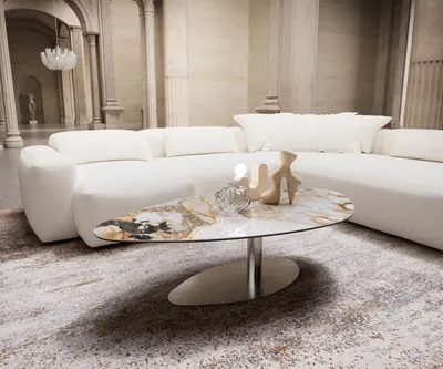 Produktbild von DELIFE Couchtisch Edge Organisch 140x76 cm Keramik Patagonia Poliert Vibany Edelstahl gebürstet