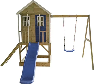 Produktbild von Wendi Toys Holz Stelzenhaus Alpaka mit Rutsche, Schaukel und Sandkasten Natur 290x350x242 cm