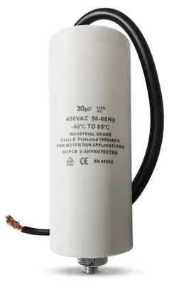 Produktbild von Kondensator CBB60 30,00µF 450V Universal mit Anschlusskabel und Befestigungsschraube, KI-generiertes Bild