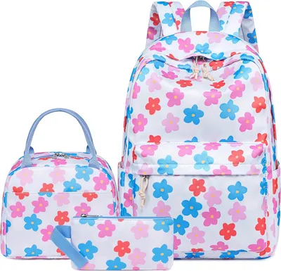 Produktbild von Rucksack für Mädchen Teenager Schulrucksäcke mit Lunchpaket Etui Set für Schule, Blaue Blumen 160, Rucksack
