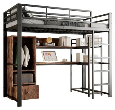 Image de Lit superposé pour enfants - 140 x 200 cm - Avec escalier, étagères et barrière de sécurité - Éclairage LED - Bureau intégré - Tiroir de rangement - Noir