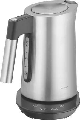 A stainless steel electric kettle with a black handle and base, shown on a white background.