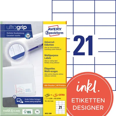 Immagine prodotto di Avery Zweckform 3652 - etichette multiuso - bianco - 42,3 x 70 mm - 4200 etichette (21 fogli x 200) (3652-200)