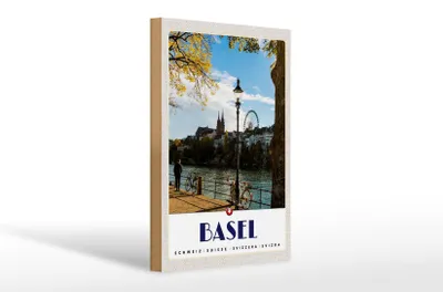 Produktbild von Holzschild Reise 20x30cm Basel Schweiz Fluss Riesenrad Natur