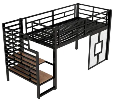 Produktbild von Kinderbett - Hochbett - 90 x 200 cm - Treppe - Stauraum - LED-Beleuchtung - Metall und MDF - Schwarz