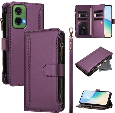 Obrázek produktu pro Pouzdro pro Motorola Moto G35, zipem, peněženkovéPolyuretankožené flip pouzdro s kapsami na karty, stojánkem a poutkem na ruku Fialová