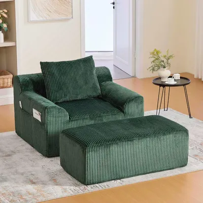 Produktbild von Großer Cord-Sessel mit Fußstütze, Seitentaschen und Kissen, weich gepolstert, ohne Gestell und ohne Montage, zum Entspannen und Lesen geeignet (dunkelgrün)