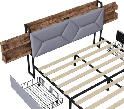 Obrázek produktu pro UnboxG úložná postel čalouněná postel 160x200cm se 4 zásuvkami, postel pro mládež s funkcí nabíjení (USB a Type-C ), manželská postel s roštovým rámem, dřevěná postel, šedá barva