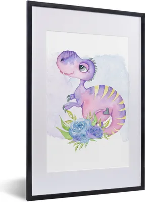 Produktbild von MuchoWow® Gerahmtes Poster Kinderzimmer - Lila - Dinosaurier - Mädchen - Kinder - Rosa 40x60 cm - Poster mit Schwarzem Bilderrahmen Wandposter Rahmen Foto Bilder - Poster in Rahmen