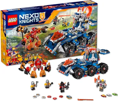 A LEGO NEXO KNIGHTS set is displayed, featuring a large blue mobile tower carrier vehicle and various figures and accessories, with the product box in the background.