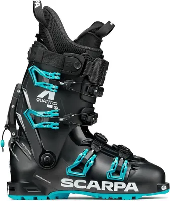 Schwarzer Scarpa 4-Quattro SL Skischuh mit türkisfarbenen Schnallen und weißem Schriftzug