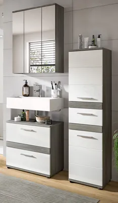 Produktbild von Badmöbel Set 3-teilig "Bailey" weiß Hochglanz und grau Badkombination mit LED