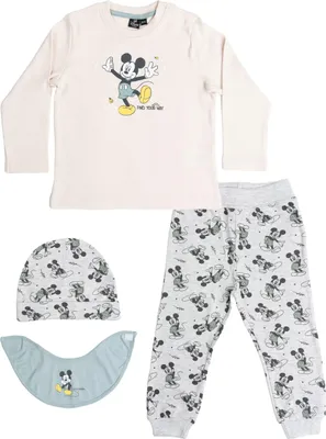 Produktbild von Disney Mickey Mouse Baby Set - Find your way Unisex Oberteil Pullover mit Hose, Mütze & Halstuch 4-Teiler Beige/Grau 86-92