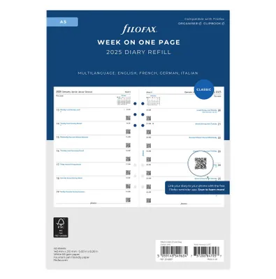 Produktbild von FILOFAX Kalendereinlage 2025 A5 1 Woche - 1 Seite  weiss mehrsprachig 25-68517