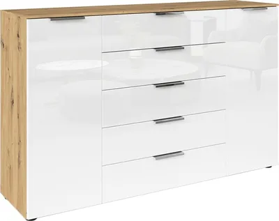 Produktbild von Sideboard - 160 x 100 cm - 2 Türen - 5 Schubladen - Artisan Eiche Nachbildung - Weiß - Glas