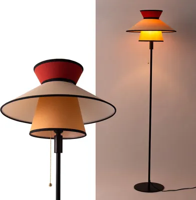 Productafbeelding van Meerkleurige vloerlamp, diameter 40 cm, met stoffen en houten kap, E27 fitting, retro-bohemian stijl "LIMONA" met powerkabel