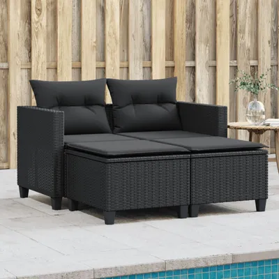 Produktbild von Gartensofa 2-Sitzer mit Hockern Schwarz Poly Rattan