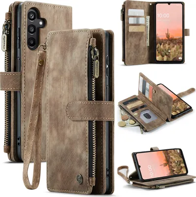 Collage of a brown leather wallet-style phone case for a Samsung Galaxy A16 5G/4G, showing different angles and features.