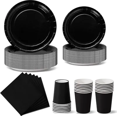 Produktbild von Nkaiso Schwarz Partygeschirr Set, 96-teilig - Pappteller, Becher, Servietten - Geburtstagsdeko Bunt
