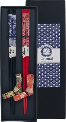 Produktbild von 2 Paar Essstäbchen Geschenkset [ Design BLUMEN ] + 2 Essstäbchenablagen in attraktiver Verpackung