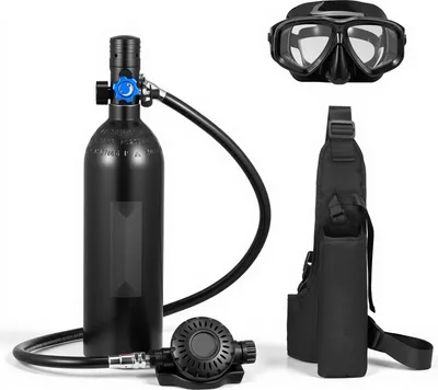 Produktbild von Mini-Tauchflasche - 1 l Atemluft-/Sauerstoff-Reserveflasche - Tragbar & Wiederbefüllbar - Bis zu 20 Min Tauchzeit - Unterwasseratmung - Mit Rucksack & Tauchmaske
