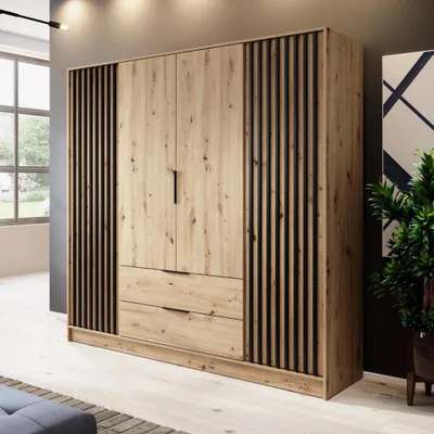 Produktbild von Kleiderschrank Stilo Eiche Artisan mit Lamellen – 206 cm, 4 Türen, 2 Schubladen, Groß & Modern