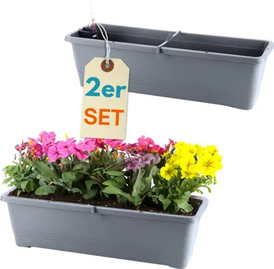 Produktbild von 2er Set Blumenkasten mit Wasserspeicher Blumenkasten Fensterbank Pflanzkasten Outdoor Wasserstandsanzeiger Gießschacht Bewässerungsband 60 cm Anthrazit