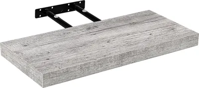 A floating shelf with a wood grain pattern and black metal brackets is shown against a white background.